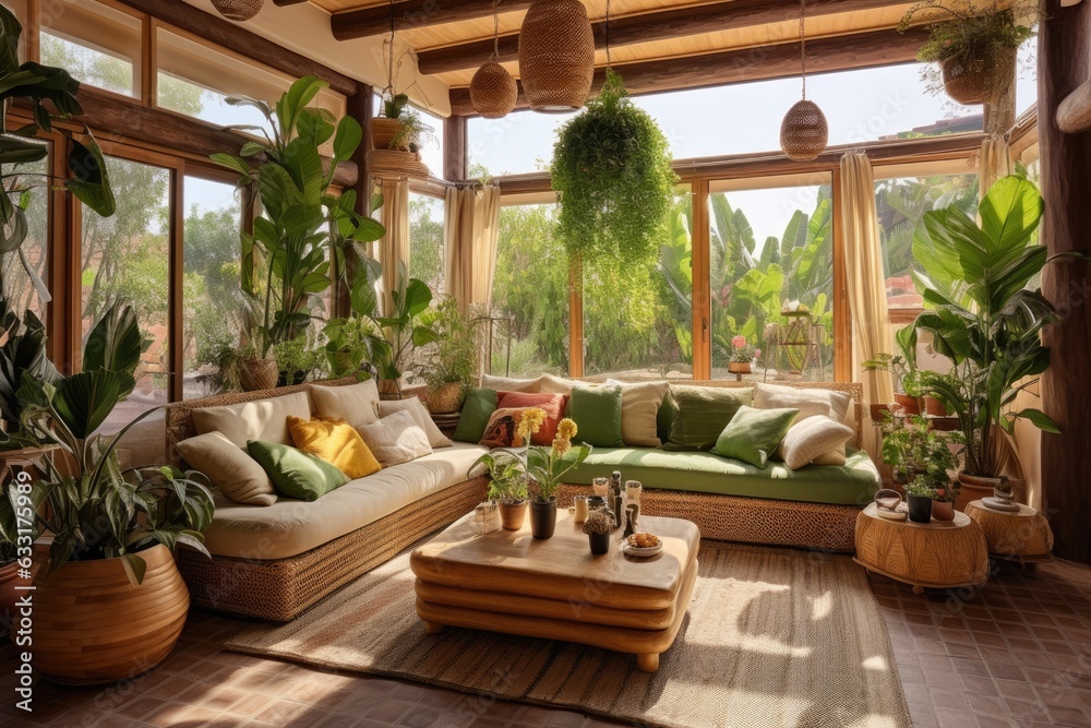 The Mediterranean inspired interior design of a stunning house features a spacious living room adorned with a large sofa and an assortment of vibrant green potted plants. The cozy indoor space is