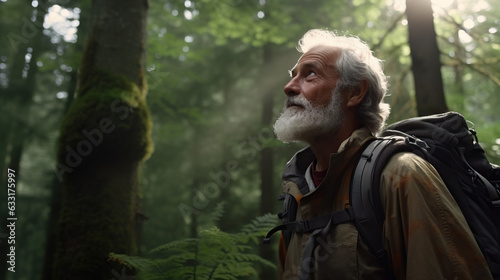 Older Senior Man Hiking in the Redwood Forest Looking Up in Awe With the Sunlight Coming Through the Trees. Concept of Adventure, Backpack, Nature, and Fresh Air.