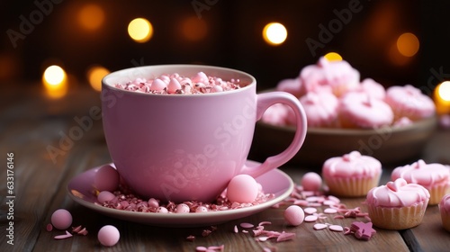 A pretty pink cup of tea or coffee with flowers. Generative AI. 