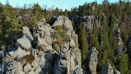 Aerial view of Teplice Rocks, part of Adrspach-Teplice landscape mountain park in Broumov highlands region of Bohemia, Czech Republic, 4k photo