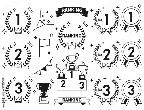 王冠やトロフィーなどのランキングをイメージしたイラストのセット　モノクロバージョン