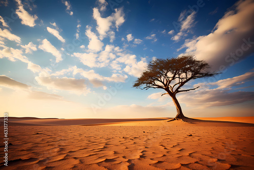 Lone Tree in Vast Sunlit Desert
