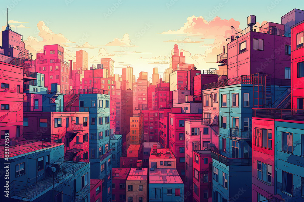 Retro risograph illustration of a crowded city with high rise buildings. Generative ai. Retro risograph illustration of a crowded city with high rise buildings. Generative ai.