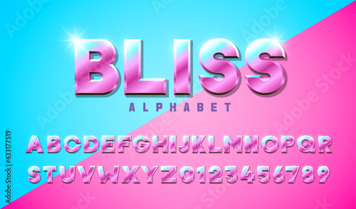 Bliss metallic 3d font in luxurious pink with blue reflections. Youthful charm and playful elegance whimsical alphabet. Ideal for projects that resonate with fashion, fantasy, and fabulousness.