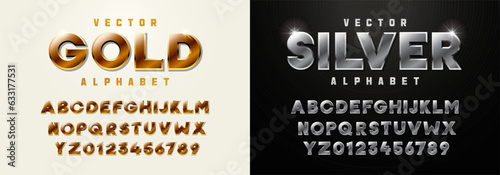 2 in one premium vector alphabets. Gold and Silver metal. Metallic fonts 3d effect typographic elements. Three dimensional typeface effect