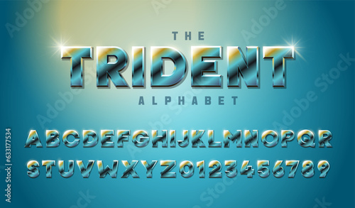 The Trident alphabet. Unique 3d font with a metallic turquoise blue finish, subtly enhanced with bronze details. Evoke the majesty of the ocean.  Premium three dimensional typeset