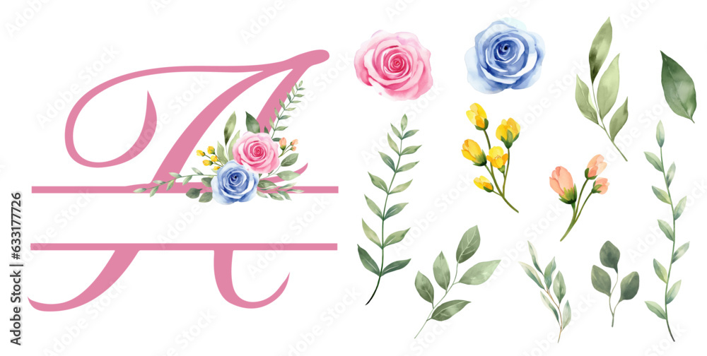 Floral alphabet, letter A with watercolor flowers and leaf. Monogram ...