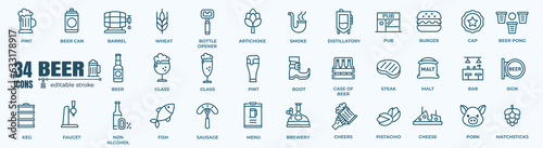 Beer icon set. Collection of linear simple web icons. Editable stroke