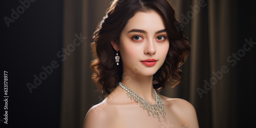 Woman wearing a necklace with multiple strands of diamonds. The necklace is covering the chest and neck. She has shoulder-length hair which is styled in loose curls