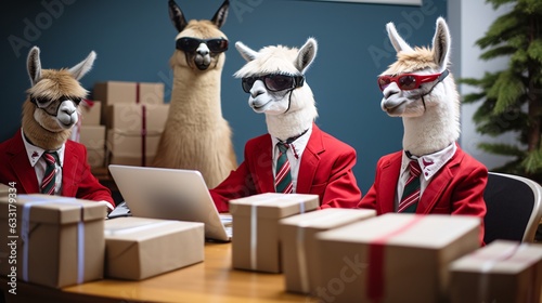 Santa's Llama Squad: Christmas-Clad Llamas Discuss Shipping Strategies.