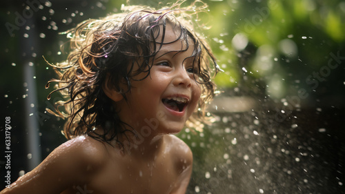 Sprinkler Delight: Uplifting Playtime with a Little Boy in Backyard © Danny