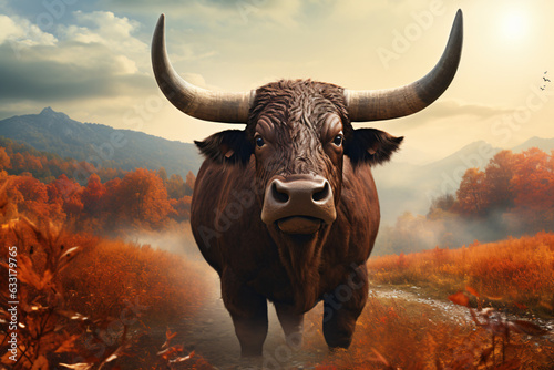 Buffalo with nature background style with autum