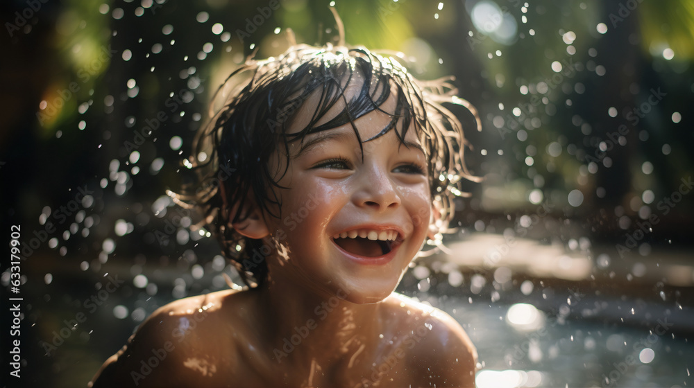 Sprinkler Delight: Uplifting Playtime with a Little Boy in Backyard Sprinkler Delight: Uplifting Playtime with a Little Boy in Backyard