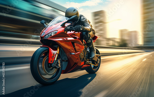 A red body bike and rider that roars on the city road.