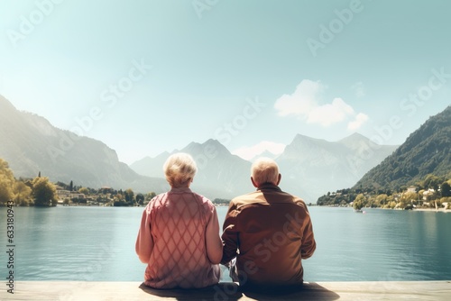 senior couple sitting by a lake, generative ai