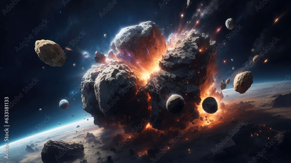 Asteroid colliding with planet earth. Cosmic clash. Cosmic art. Galactic art. High Resolution. 4K - 8K - 12K TV. Generative AI. - obrazy, fototapety, plakaty 