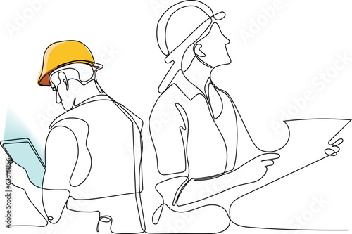 Continuous one line drawing of Industry maintenance engineer woman wearing uniform and safety helmet under inspection by tablet. Minimal outline concept