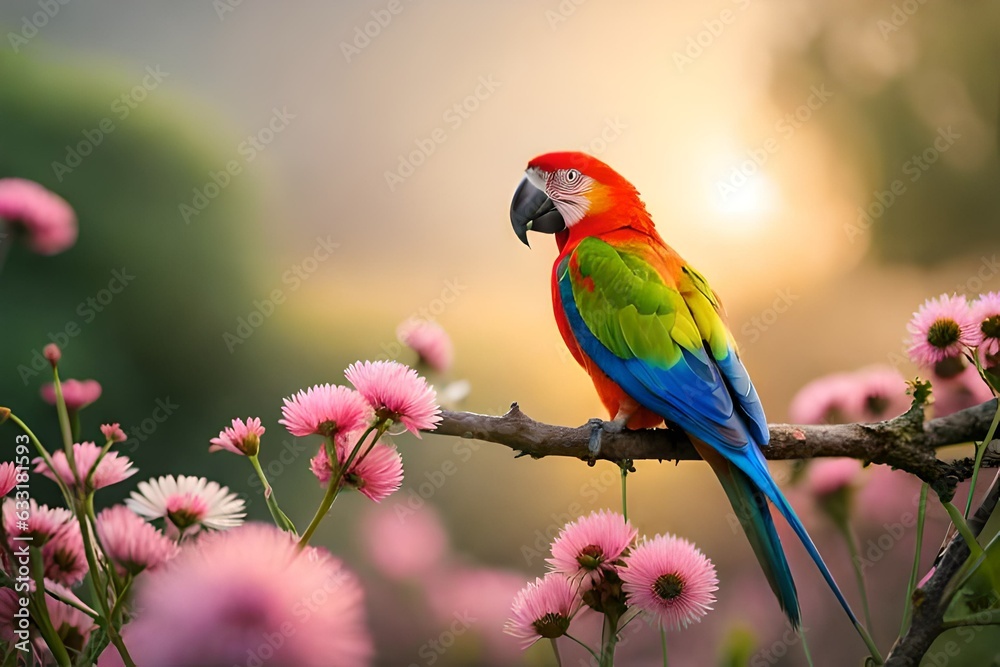 red and green parrot in flowers generated by AI tool