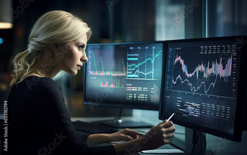 Responsible for the investment strategy division of a startup project is a female analyst who is currently analyzing financial big data on the LCD screen. © omune