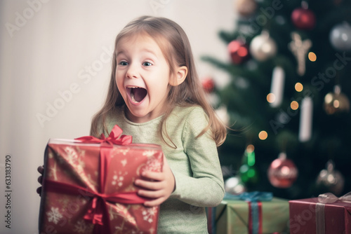cute and delighted child girl is filled with joy and surprise as she opens a big Christmas gift box at home, her eyes sparkling with excitement and wonder with pine tree background