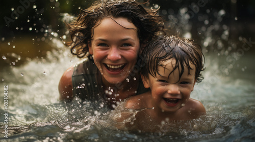 Water Play Harmony: Spirited Moments of Mother and Son 