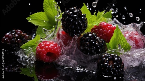 fresh blackberry and redberry splashed with water on black background and blur