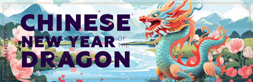 Chinese New Year 2024 horizontal cover. China dragon zodiac sign on nature background. Asian festival poster. Creative art typography greeting card. Oriental traditional mythical serpent. Lunar symbol