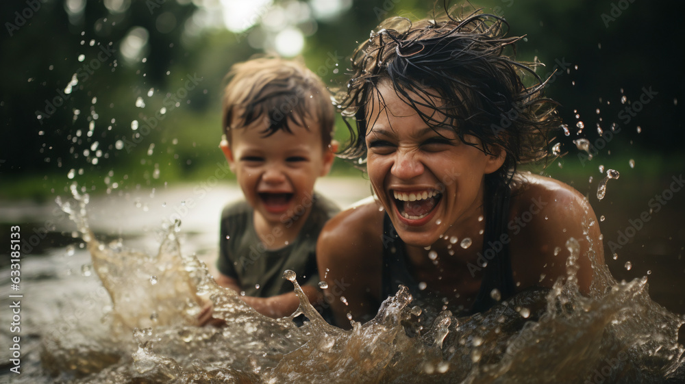 Water Play Harmony: Spirited Moments of Mother and Son Water Play Harmony: Spirited Moments of Mother and Son