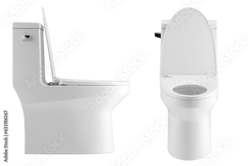 Front and side view of white toilet bowl on white