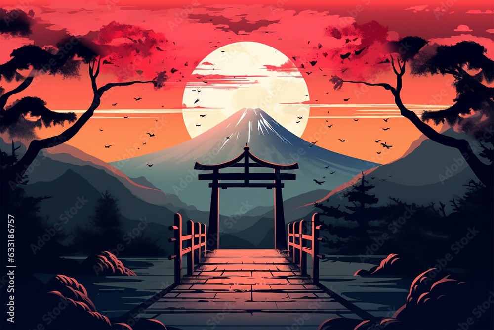 japanese style background, shrine gate leads to the mountain - obrazy, fototapety, plakaty 