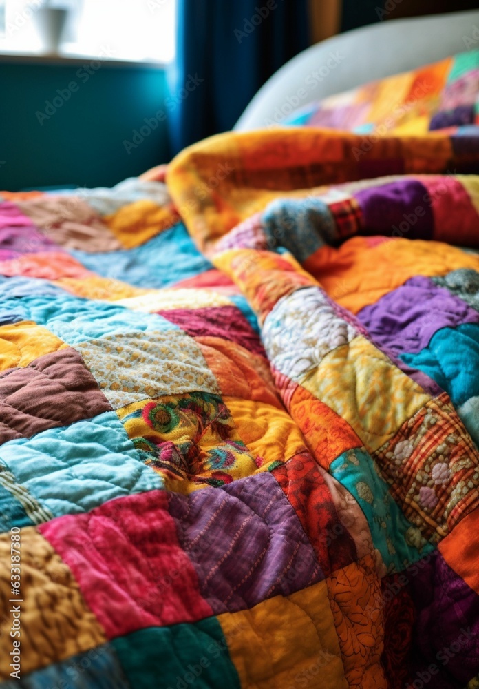 Fototapeta premium A vibrant, multicolored patchwork quilt