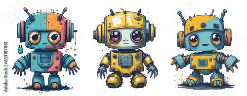Collection of Watercolor Cute Baby Robot Isolated on Transparent And White Background.
