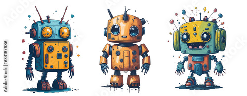 Collection of Watercolor Cute Baby Robot Isolated on Transparent And White Background.
