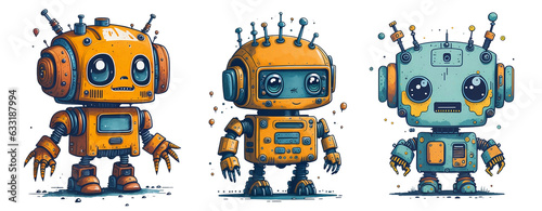 Collection of Watercolor Cute Baby Robot Isolated on Transparent And White Background.