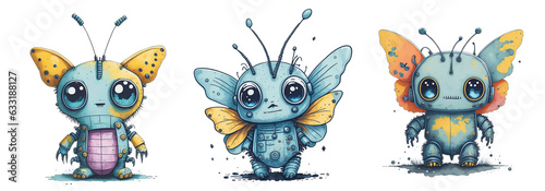 Collection of Watercolor Cute Butterfly Robot Isolated on Transparent And White Background.