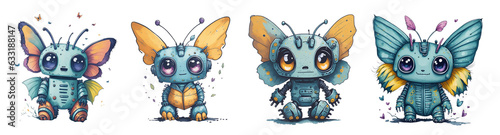 Collection of Watercolor Cute Butterfly Robot Isolated on Transparent And White Background.