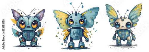 Collection of Watercolor Cute Butterfly Robot Isolated on Transparent And White Background.