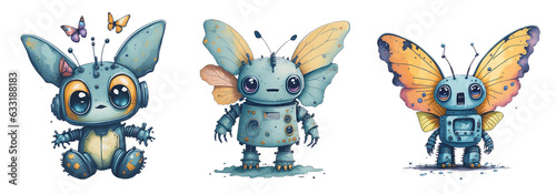 Collection of Watercolor Cute Butterfly Robot Isolated on Transparent And White Background.
