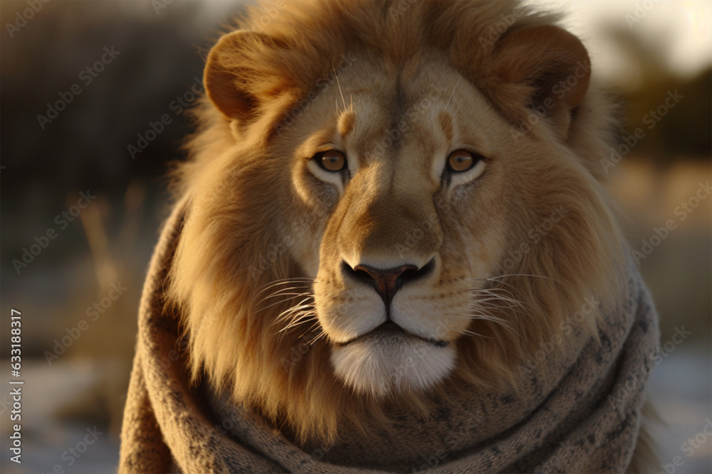a lion wearing a winter scarf