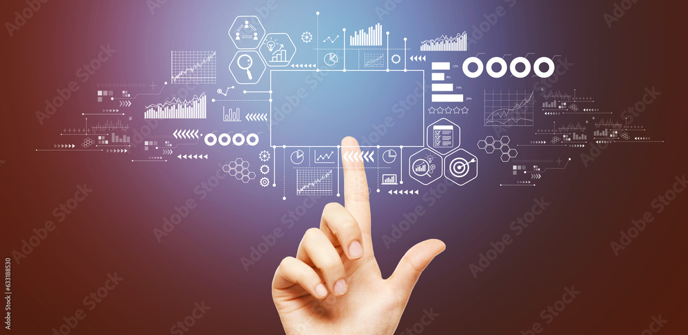 Marketing concept with hand pressing a button on a technology screen