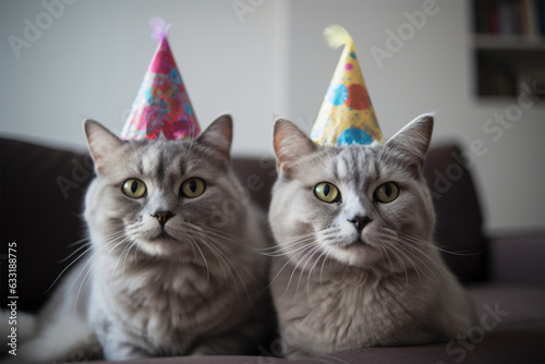 a couple of cats are wearing birthday hats
