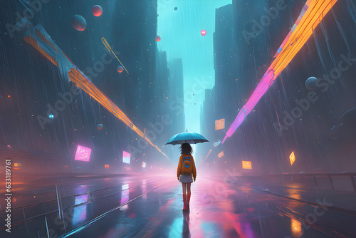 A girl walking in the city center of the future