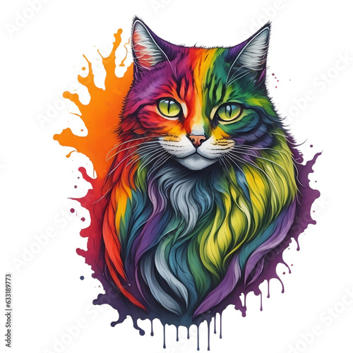 Watercolor Cat On A Transparent Or White Background. Abstract Portrait Colorful Cat Kitten