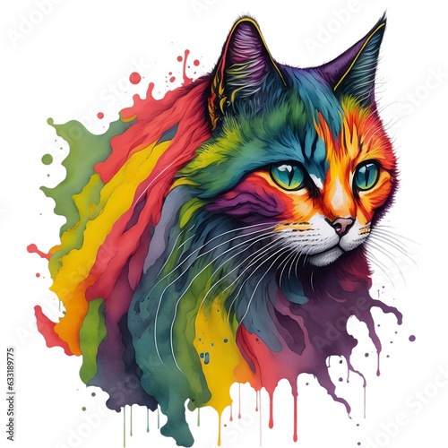 Watercolor Cat On A Transparent Or White Background. Abstract Portrait Colorful Cat Kitten