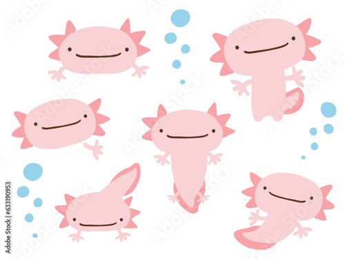 かわいいウーパールーパーとあぶくのセット／手描きイラスト素材