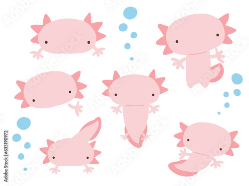 かわいいウーパールーパーとあぶくのセット／手描きイラスト素材