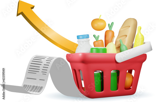 Cost of living, growth of grocery price, economic inflation concept. Grocery foods and drinks in shopping basket with high graph and receipt bill. 3D PNG.