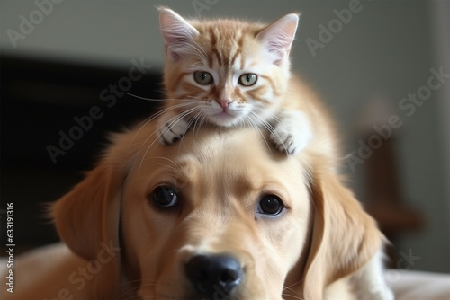 cute kitten on a dog's head