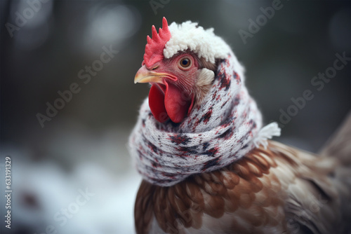 a chicken wearing a winter scarf © imur