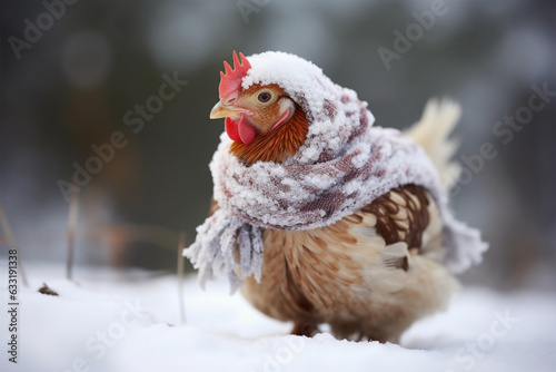 a chicken wearing a winter scarf
